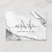 Modern Silver Grey Glitter Marble Agate Monogram Visitekaartje (Voorkant)