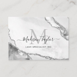 Modern Silver Grey Glitter Marble Agate Monogram Visitekaartje