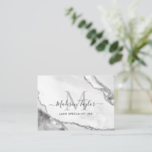 Modern Silver Grey Glitter Marble Agate Monogram Visitekaartje (Staand voorkant)