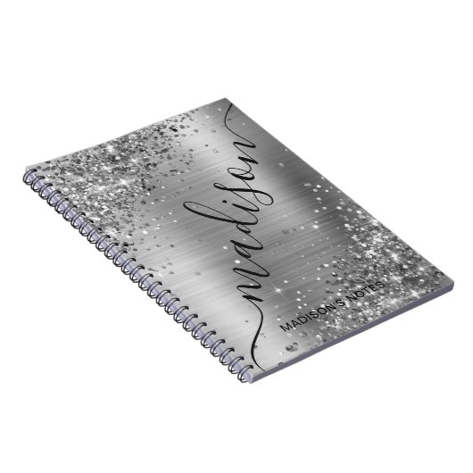 Modern Silver Grey Glitter Metallic Name Signature Notitieboek (Rechterzijde)