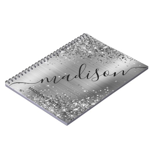 Modern Silver Grey Glitter Metallic Name Signature Notitieboek (Linkerzijde)