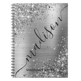 Modern Silver Grey Glitter Metallic Name Signature Notitieboek