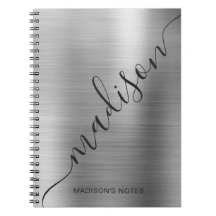 Modern Silver Grey Monogram Script Name Notitieboe Notitieboek