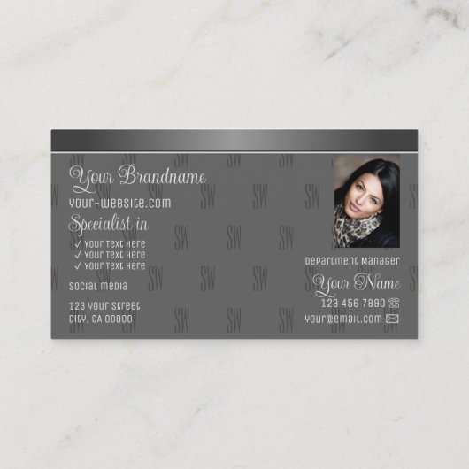 Modern Silver Grey Stylish met Monogram en Foto Visitekaartje (Achterkant)