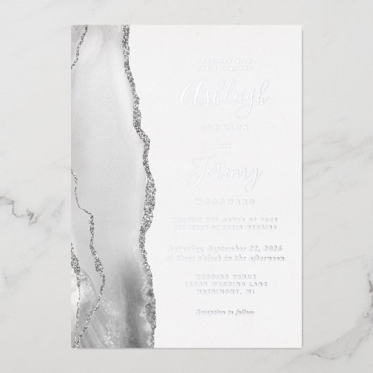 Modern Silver Grey White Agate Wedding Folie Uitnodiging (Voorkant)