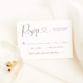 Modern Silver Heart Calligraphy Script Wedding RSVP Kaartje