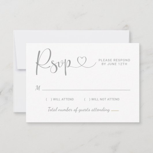 Modern Silver Heart Calligraphy Script Wedding RSVP Kaartje (Voorkant)