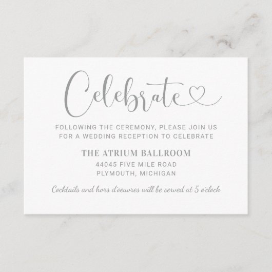 Modern Silver Heart Script Weddenschappen Receptio Informatiekaartje (Voorkant)