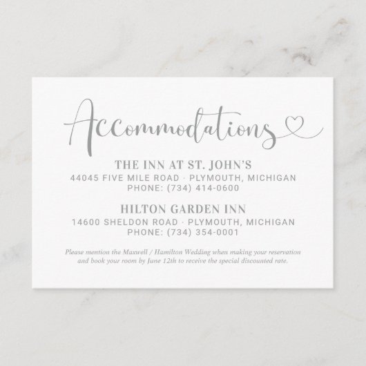 Modern Silver Heart Script Wedding Accommodations Informatiekaartje (Voorkant)