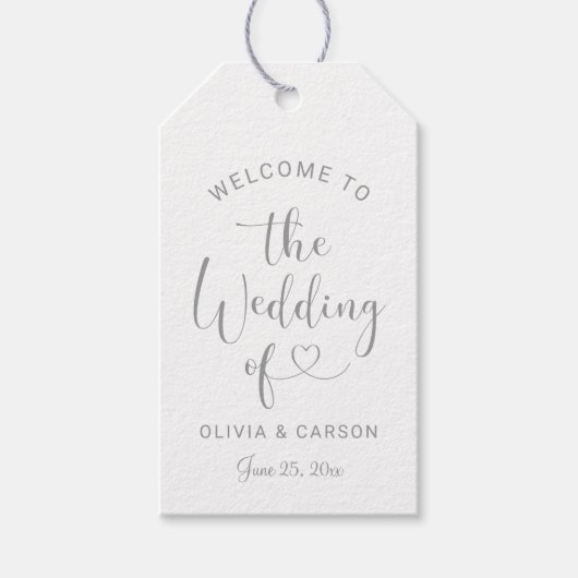 Modern Silver Heart Script Weduwen Welkom Cadeaulabel (Voorkant)