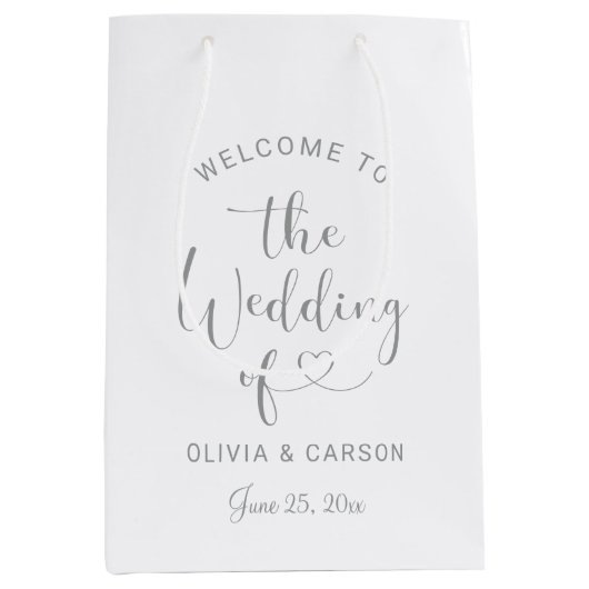 Modern Silver Heart Script Weduwen Welkom Medium Cadeauzakje (Voorkant)