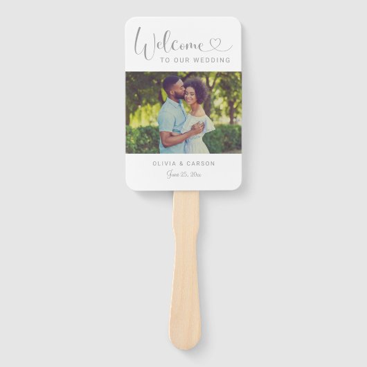 Modern Silver Heart Script Weduwfotoceremonie Handwaaier (Voorkant)