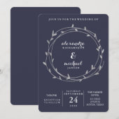 Modern Silver Leafy Circles Midnight Blue Weddensc Kaart (Voorkant / Achterkant)