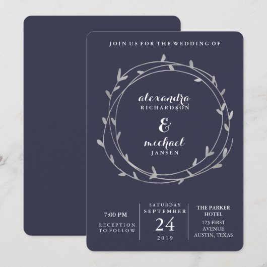 Modern Silver Leafy Circles Midnight Blue Weddensc Kaart (Voorkant / Achterkant)