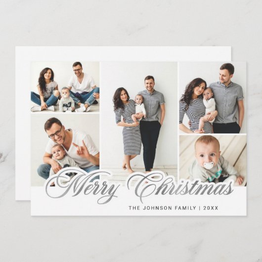 Modern Silver Lettering Kerstmis 5 FOTO Greep Feestdagenkaart (Voorkant / Achterkant)