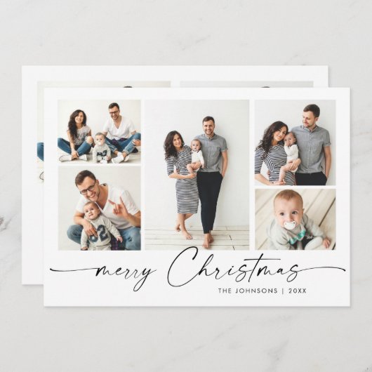 Modern Silver Lettering Kerstmis 7 FOTO Greep Feestdagenkaart (Voorkant / Achterkant)