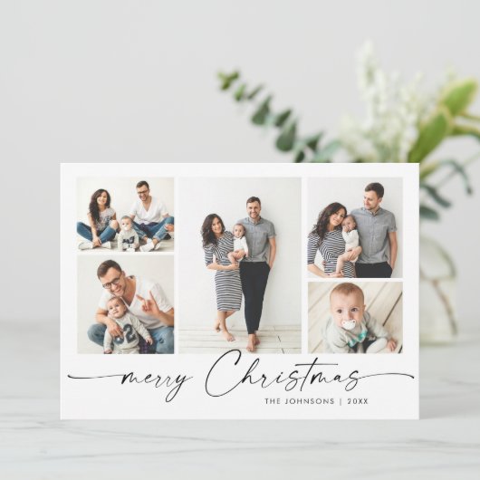 Modern Silver Lettering Kerstmis 7 FOTO Greep Feestdagenkaart (Staand voorkant)