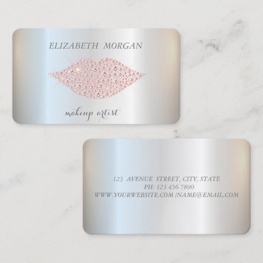 Modern, Silver, Makeup Artist, Diamonds Lips Visitekaartje (Voorkant / Achterkant)