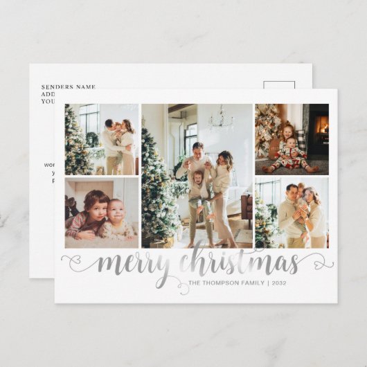 Modern Silver Merry Christmas Heart Script 5 Foto Feestdagenkaart (Voorkant / Achterkant)