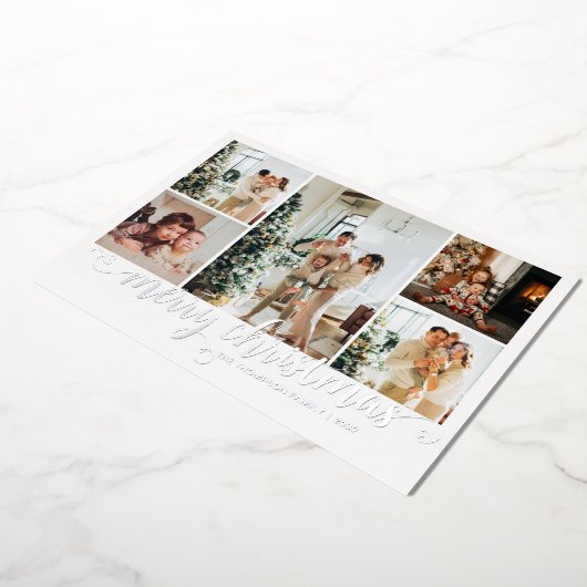 Modern Silver Merry Christmas Heart Script 5 Photo Folie Feestdagenkaart (Gedraaid)