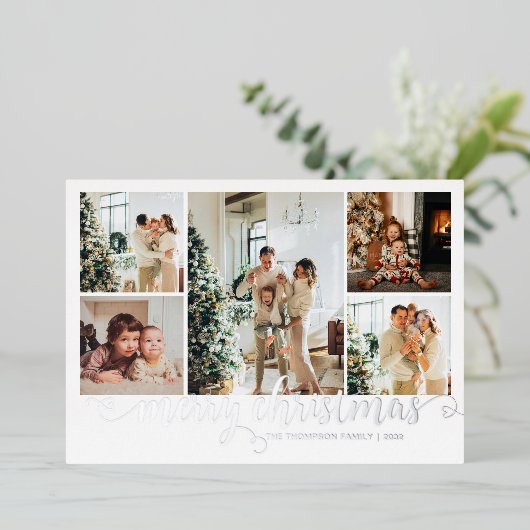 Modern Silver Merry Christmas Heart Script 5 Photo Folie Feestdagenkaart (Staand Voorkant)