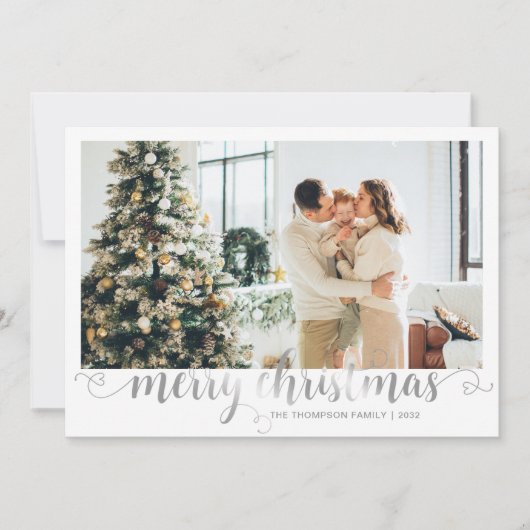 Modern Silver Merry Christmas Heart Script Photo Feestdagenkaart (Voorkant)