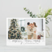 Modern Silver Merry Christmas Heart Script Photo Feestdagenkaart (Staand voorkant)