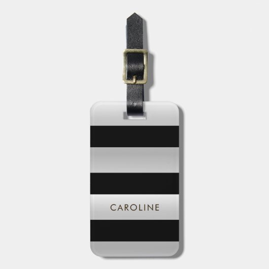 Modern Silver Metal Black Striped Custom Name Addr Bagagelabel (Voorkant verticaal)