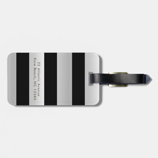 Modern Silver Metal Black Striped Custom Name Addr Bagagelabel (Achterkant horizontaal)