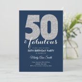 Modern Silver Navy Glitter 50 & Fabulous Birthday Kaart (Staand voorkant)