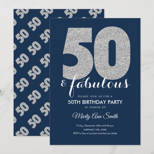 Modern Silver Navy Glitter 50 & Fabulous Birthday Kaart (Voorkant / Achterkant)