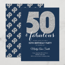 Modern Silver Navy Glitter 50 & Fabulous Birthday