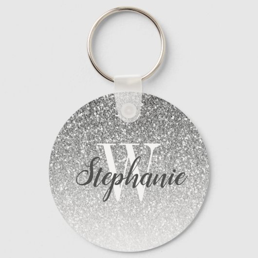 Modern Silver Ombre Faux Glitter Monogram Sleutelhanger (Voorkant)