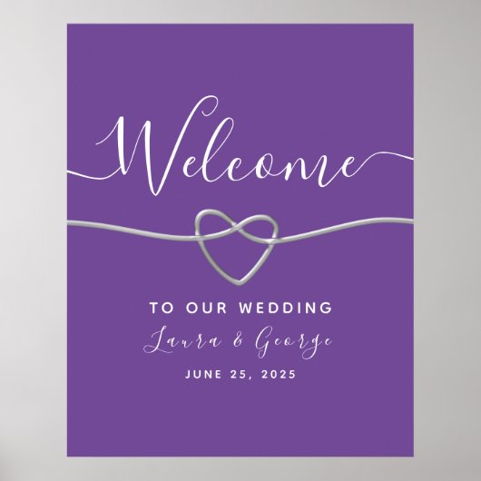 Modern Silver Paarse bruiloft welkom teken Poster (Voorkant)