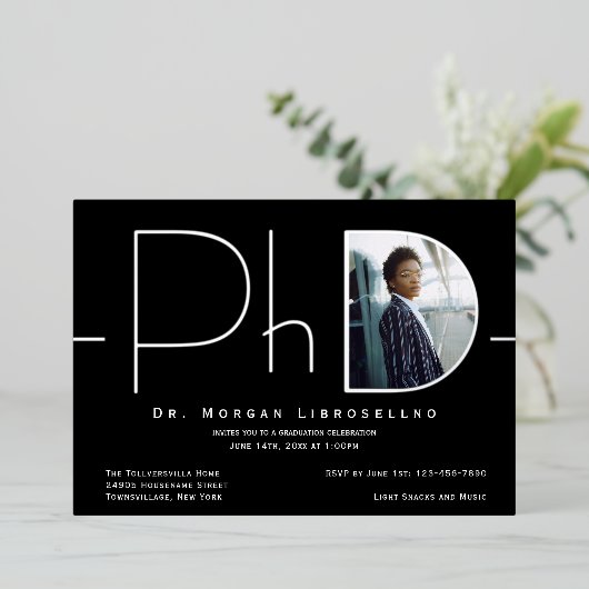 Modern Silver Photo PhD-Afstuderen Folie Uitnodiging (Staand Voorkant)