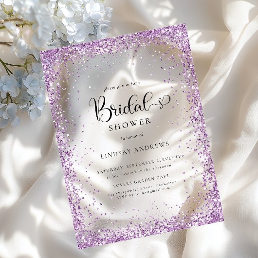 Modern Silver Purple Glitter Bridal Shower Acryl Uitnodigingen
