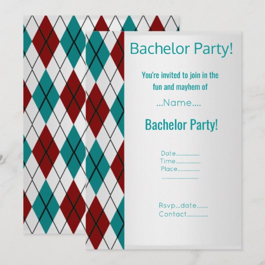MODERN SILVER RED AQUA BACHELOR PARTIJ KAART (Voorkant / Achterkant)