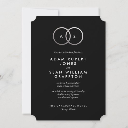 Modern Silver Rings Black Wedding Invitation Kaart (Voorkant)