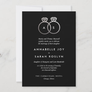 Modern Silver Rings Black Wedding Invitation Kaart