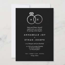 Modern Silver Rings Black Wedding Invitation Kaart