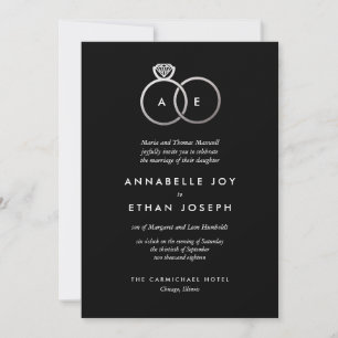 Modern Silver Rings Black Wedding Invitation Kaart