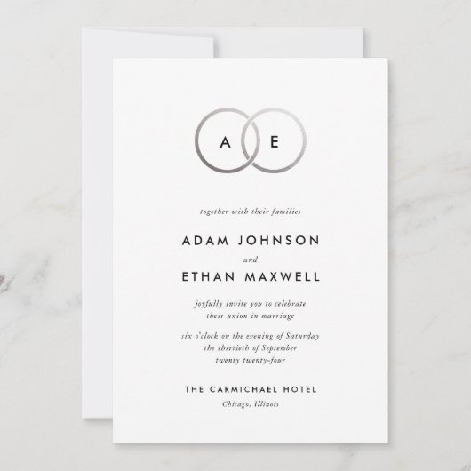 Modern Silver Rings Monogram Weddenschap Kaart (Voorkant)