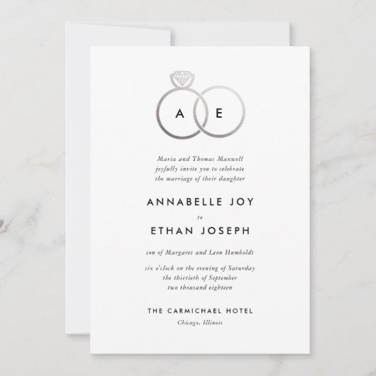 Modern Silver Rings Monogram Weddenschap Kaart (Voorkant)