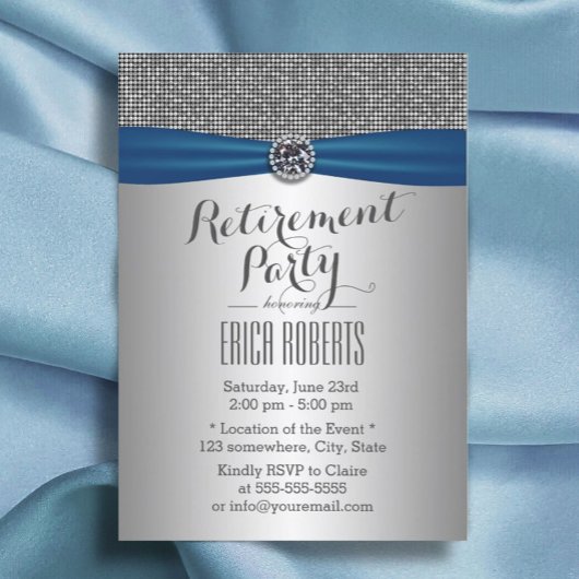 Modern Silver Royal Blue Ribbon Retirement Party Kaart