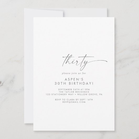 Modern Silver Script 30th Birthday Party Kaart (Voorkant)