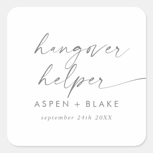 Modern Silver Script Hangover Helper Wedding Favor Vierkante Sticker (Voorkant)