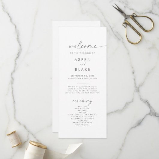 Modern Silver Script Wedding Program Programmakaart (Voorkant / Achterkant in situ)