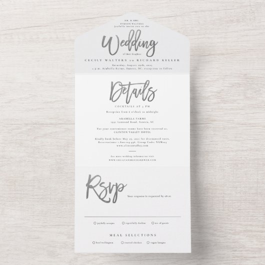 Modern Silver Script Wedding RSVP All In One Uitnodiging (Binnen)