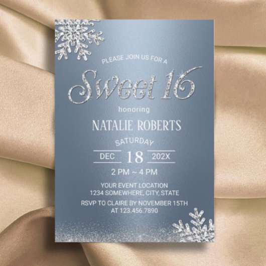 Modern Silver Snowflake Dusty Blue Winter Sweet 16 Kaart