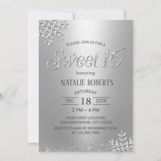 Modern Silver Snowflakes Winter Sweet 16 Birthday Kaart (Voorkant)